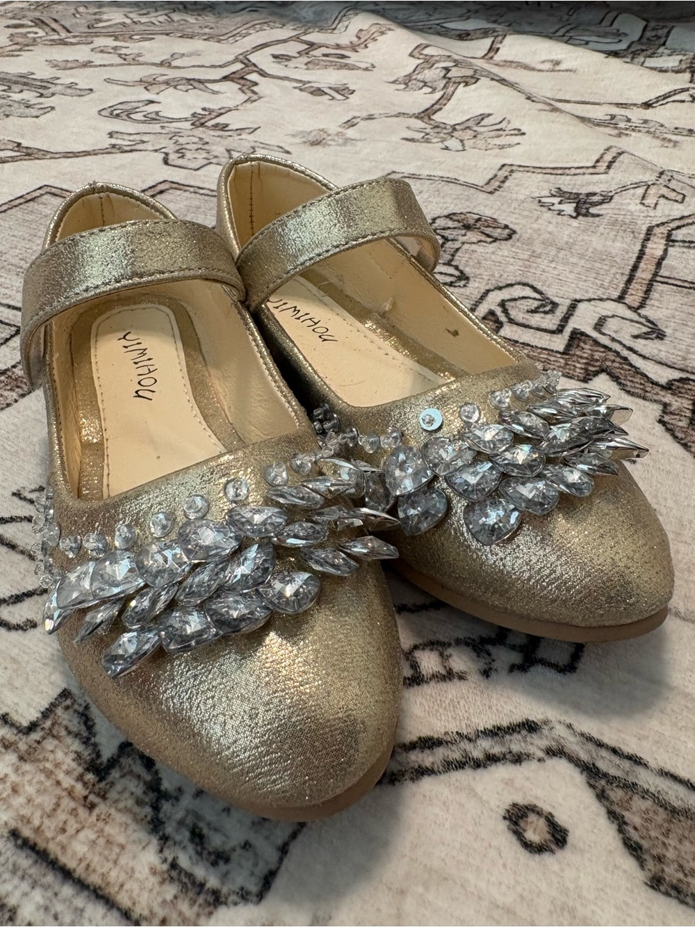 Girls' Gold Jeweled Mary Jane Dress Flats